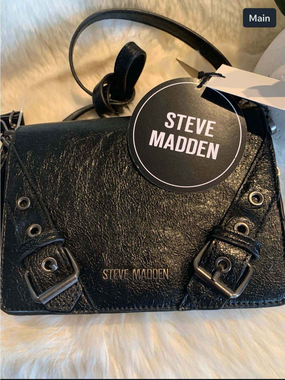 Steve Madden Black Leather-Look Buckle Crossbody Bag